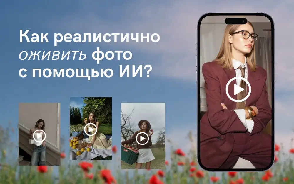 Главный баннер с текстом «Как реалистично оживить фото с помощью ИИ?». На фоне — поле с маками. На экране телефона — девушка в бордовом костюме, а ниже — миниатюры других анимированных фото.