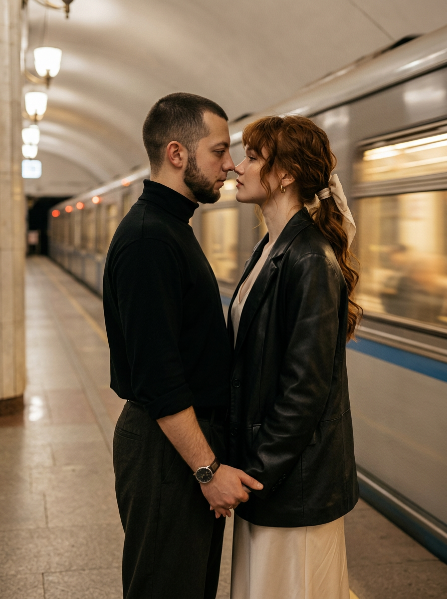 Пара на пустой платформе метро перед поцелуем