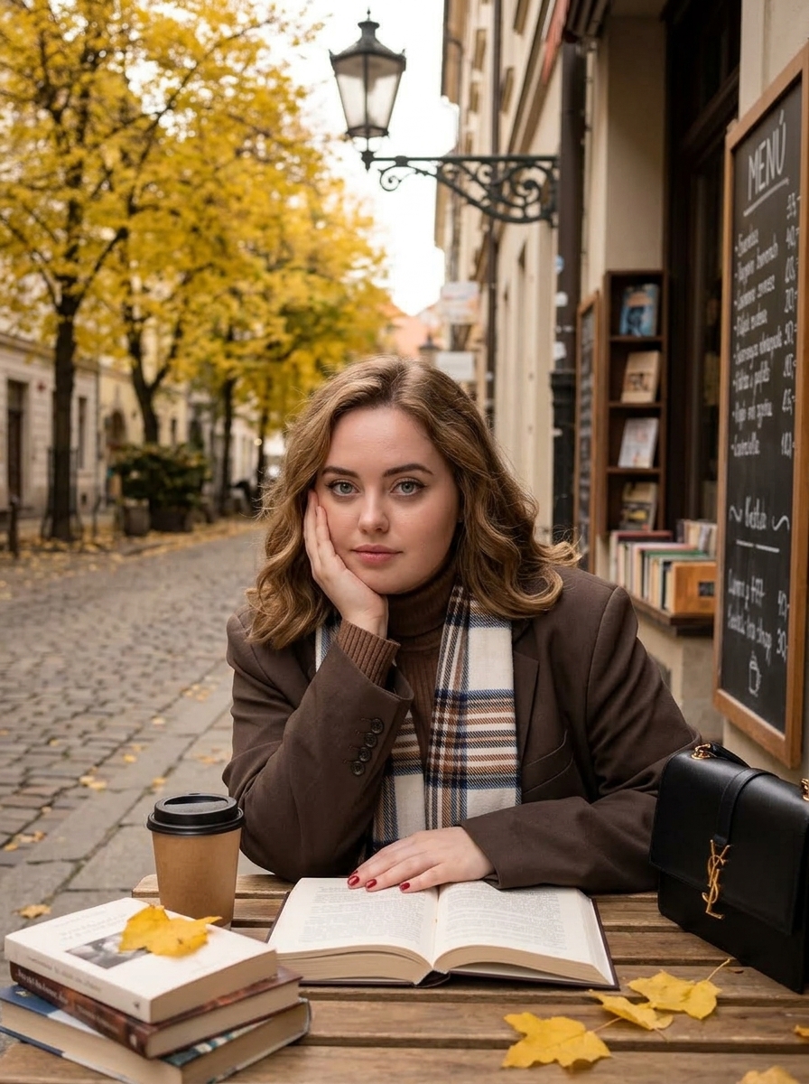 Девушка с книгой за столиком осеннего кафе
