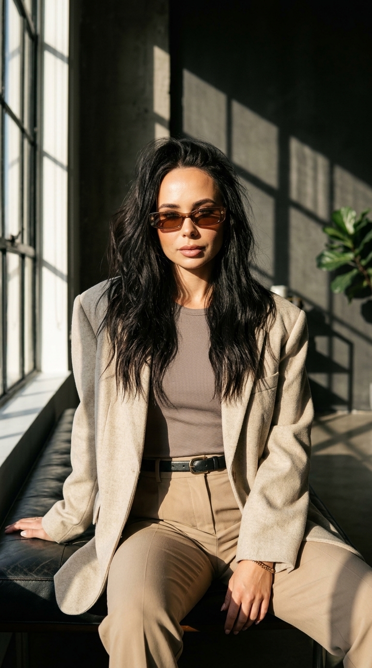 Fashion-портрет девушки в бежевом жакете у окна Fashion-портрет девушки в бежевом жакете у окна