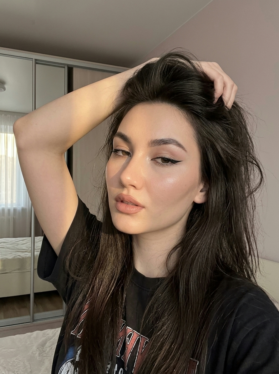 Крупный селфи-портрет девушки в стиле soft glam Крупный селфи-портрет девушки в стиле soft glam