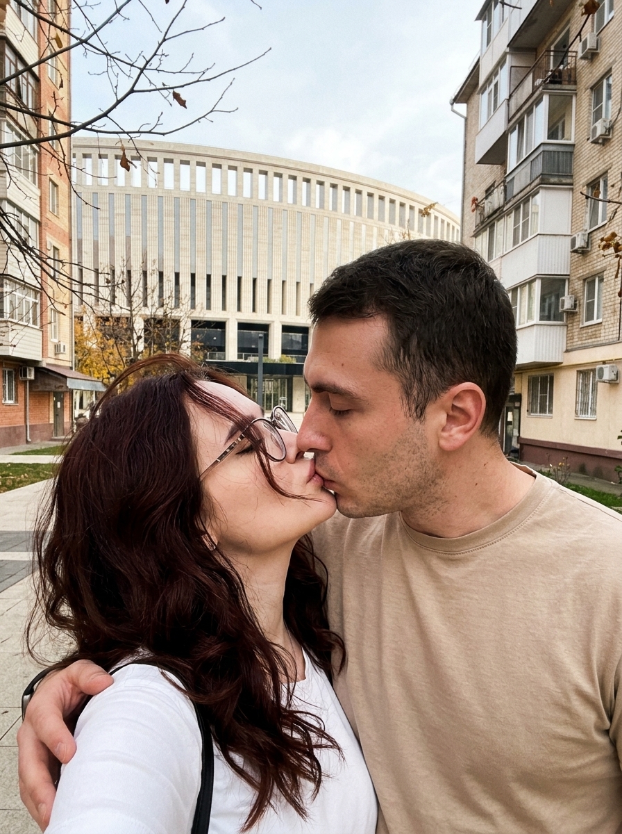 Черно-белое селфи целующейся пары на городской улице Черно-белое селфи целующейся пары на городской улице