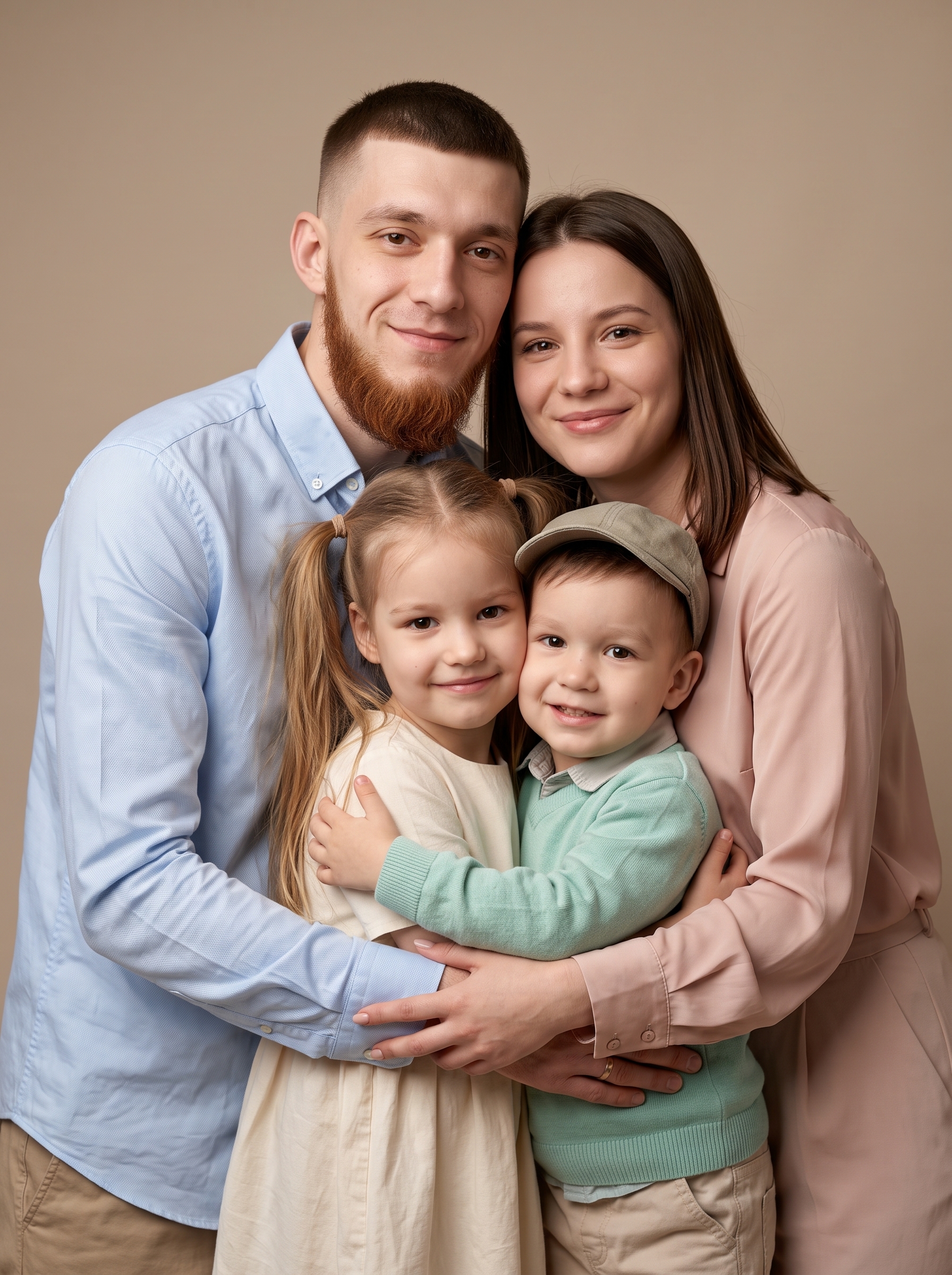 Семейный портрет родителей с двумя детьми в студии Семейный портрет родителей с двумя детьми в студии