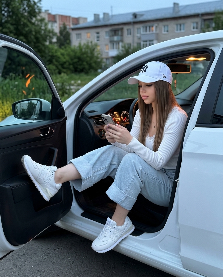Девушка в белом седане с открытой дверью и смартфоном Девушка в белом седане с открытой дверью и смартфоном