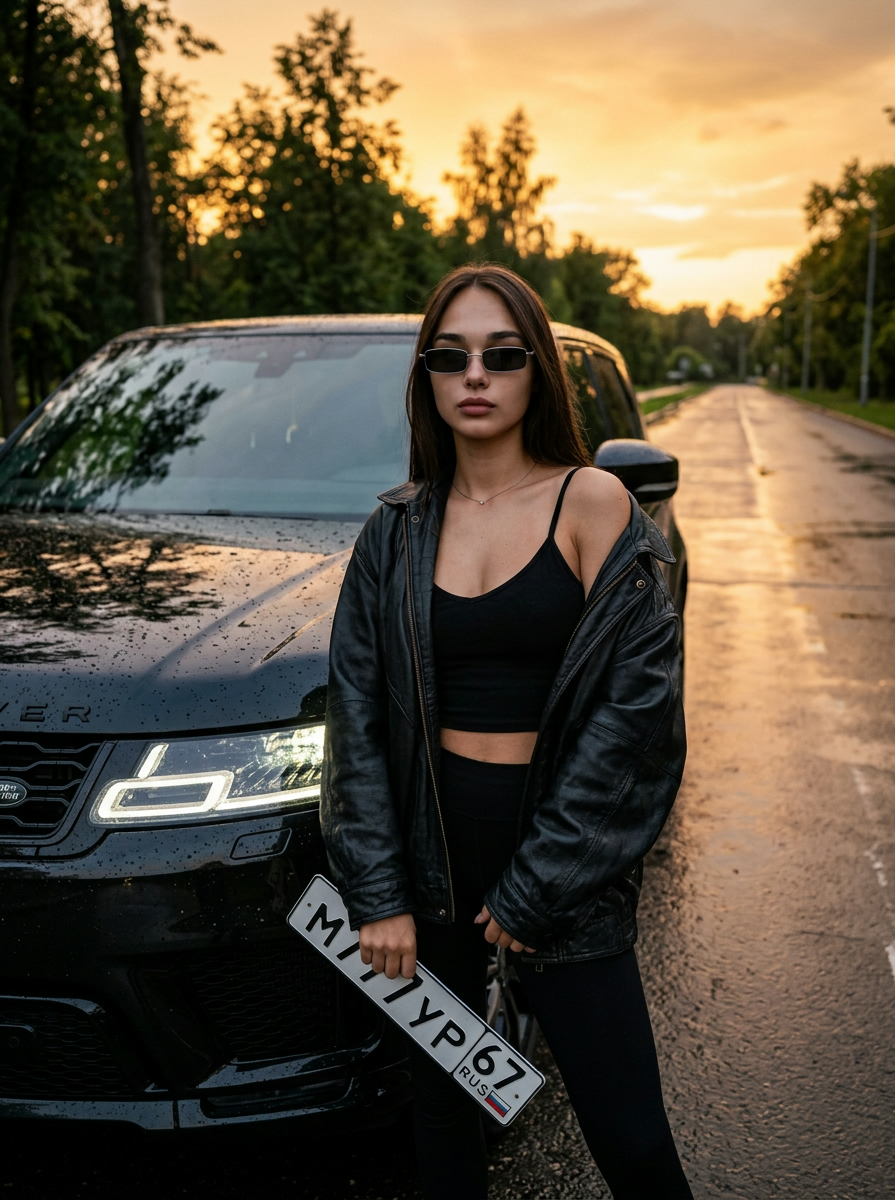 Девушка с номером у черного Range Rover на мокрой дороге