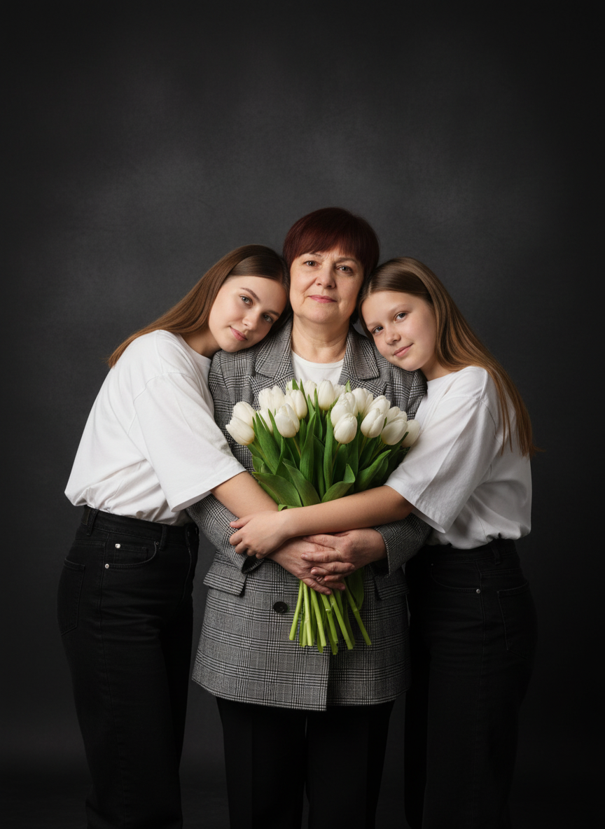 Семейный портрет трёх женщин с белыми тюльпанами