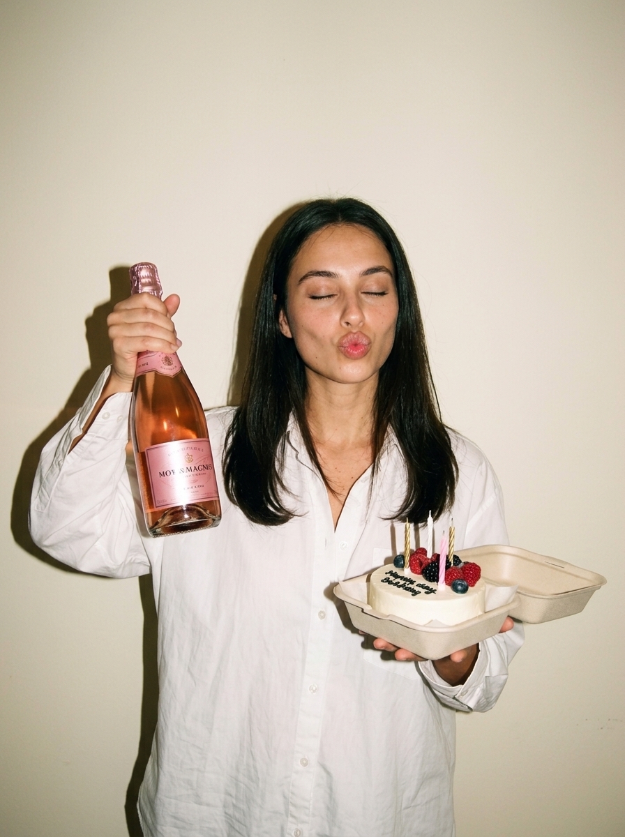 Девушка с шампанским и тортом на вечеринке в день рождения