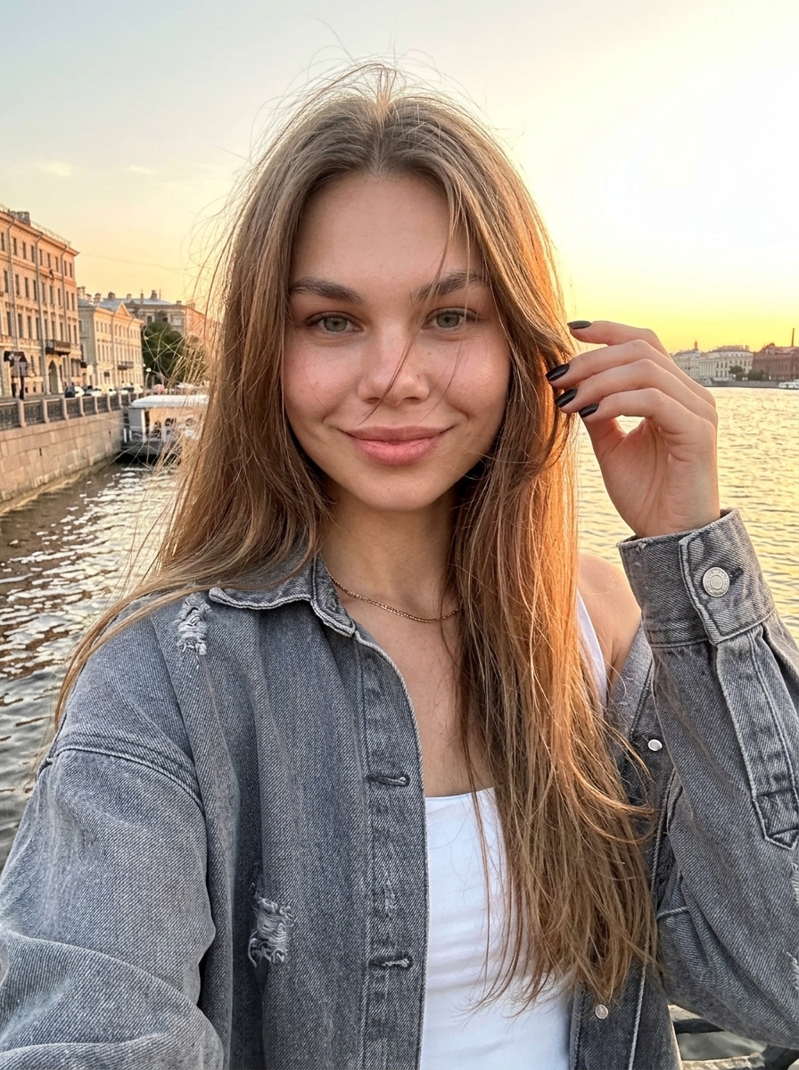 Селфи девушки в белом топе и серой джинсовой рубашке