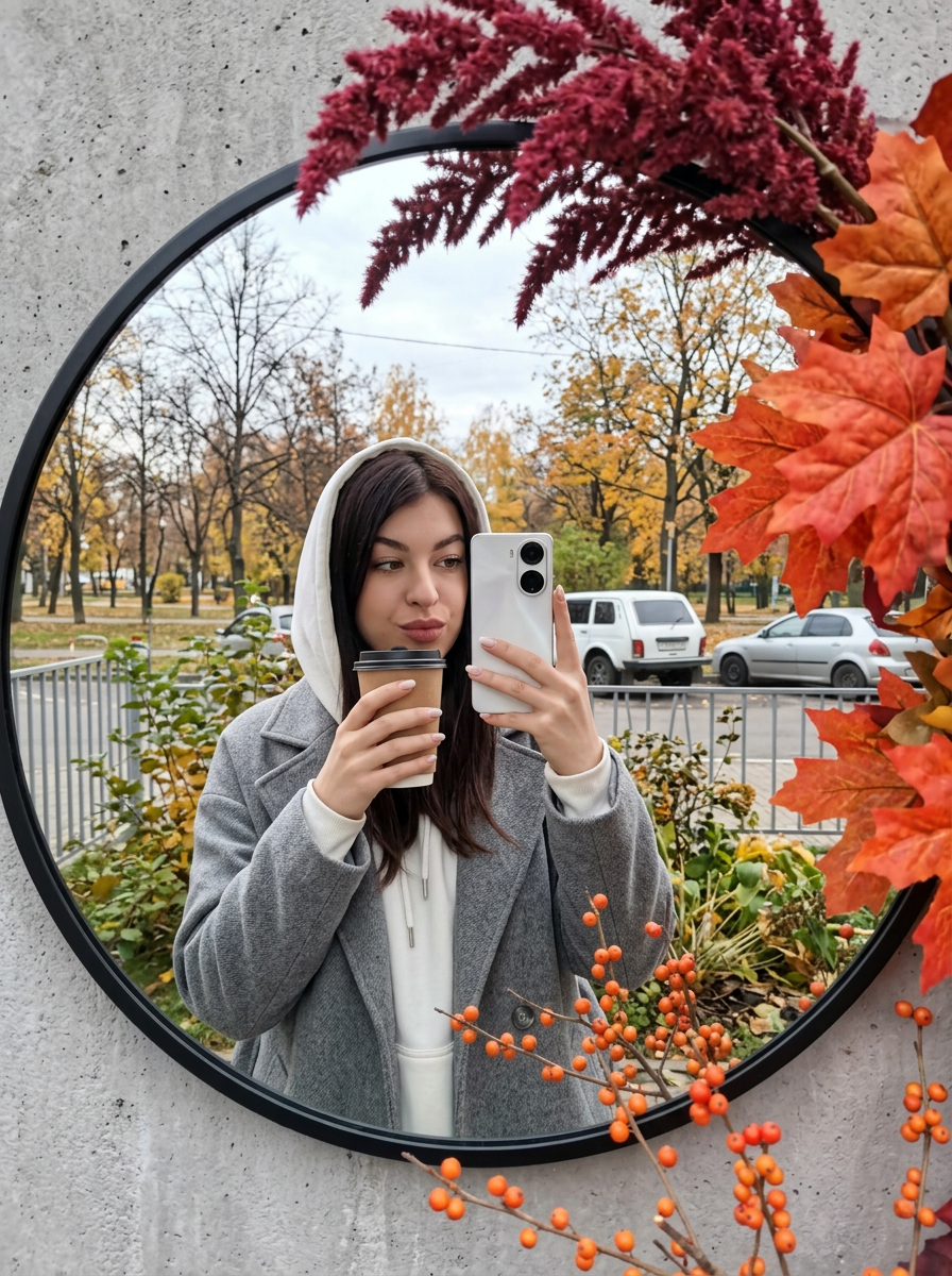 Девушка с кофе делает селфи в круглом зеркале