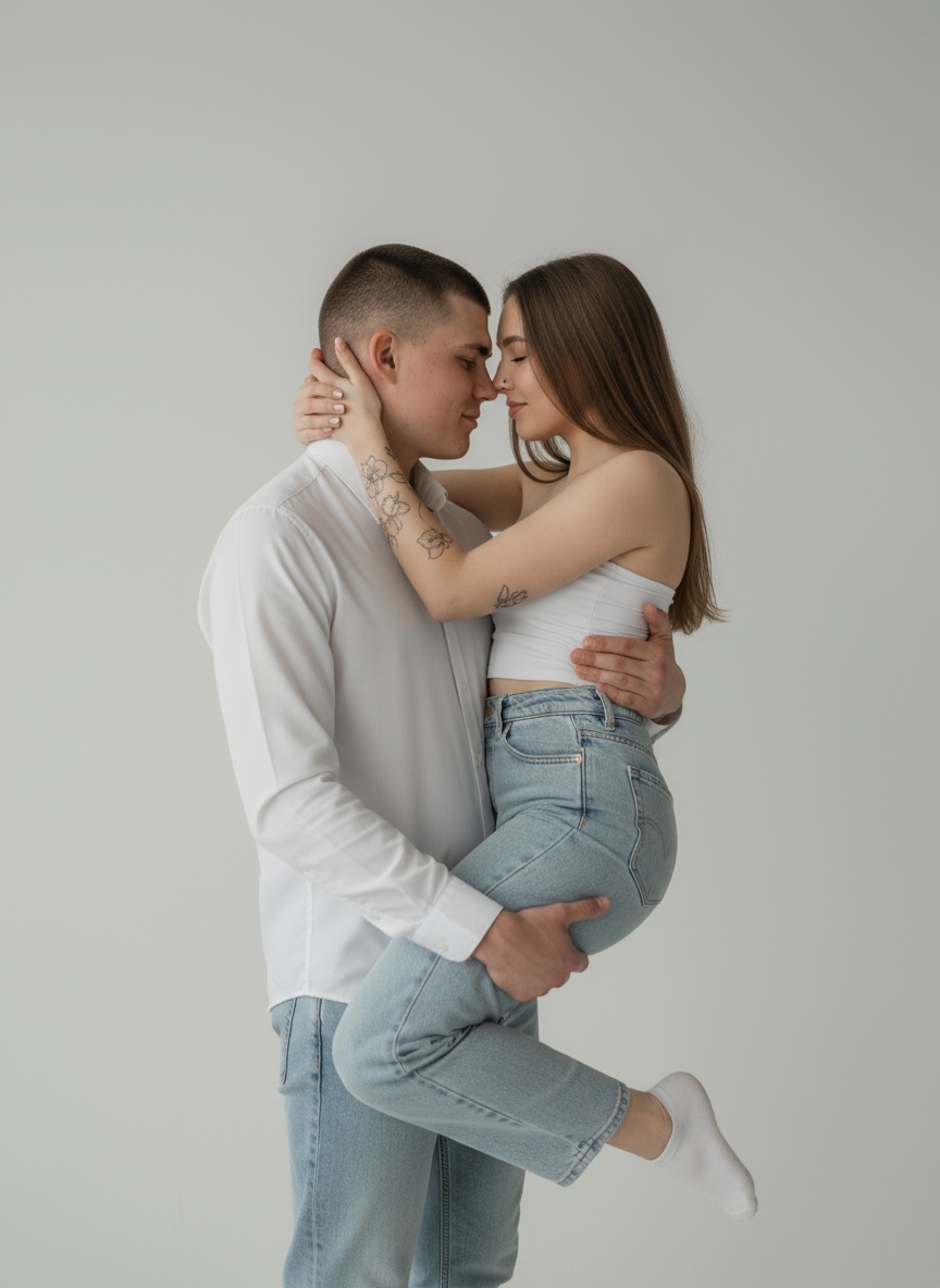 Нежная пара в белом на светлом студийном фоне