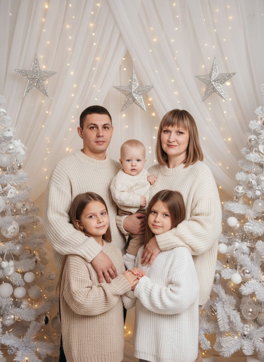 Семейный портрет в бежевых свитерах у новогоднего декора