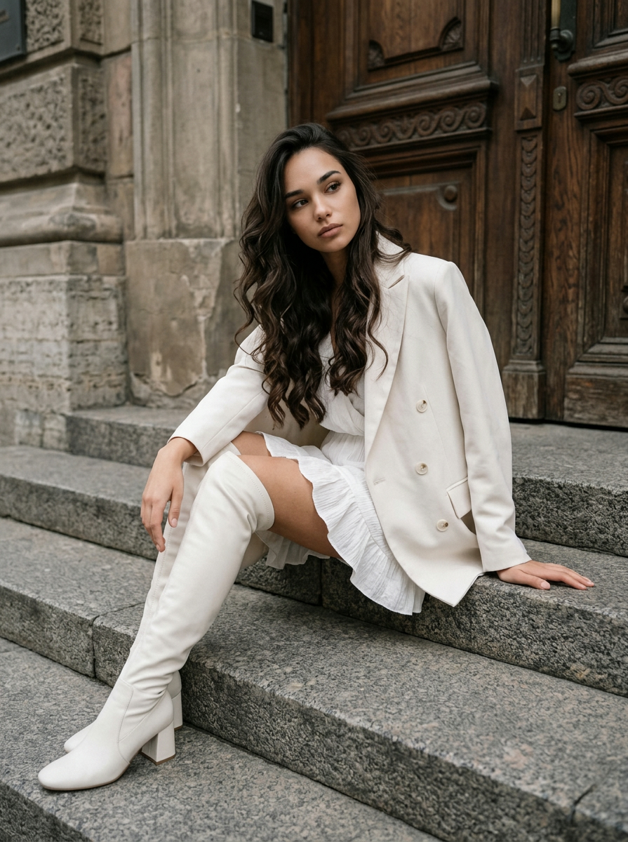 Девушка в стиле high fashion на каменных ступенях