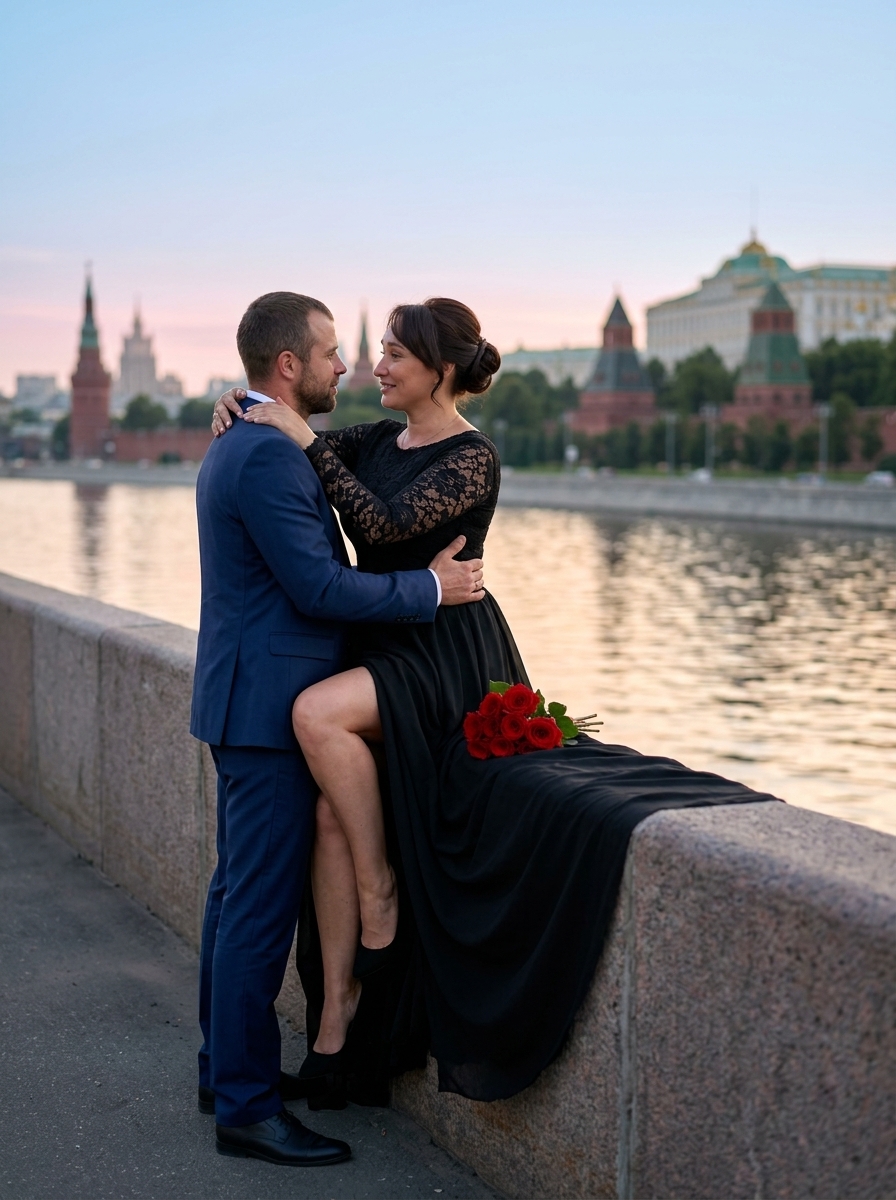 Влюблённая пара на набережной Москвы на закате