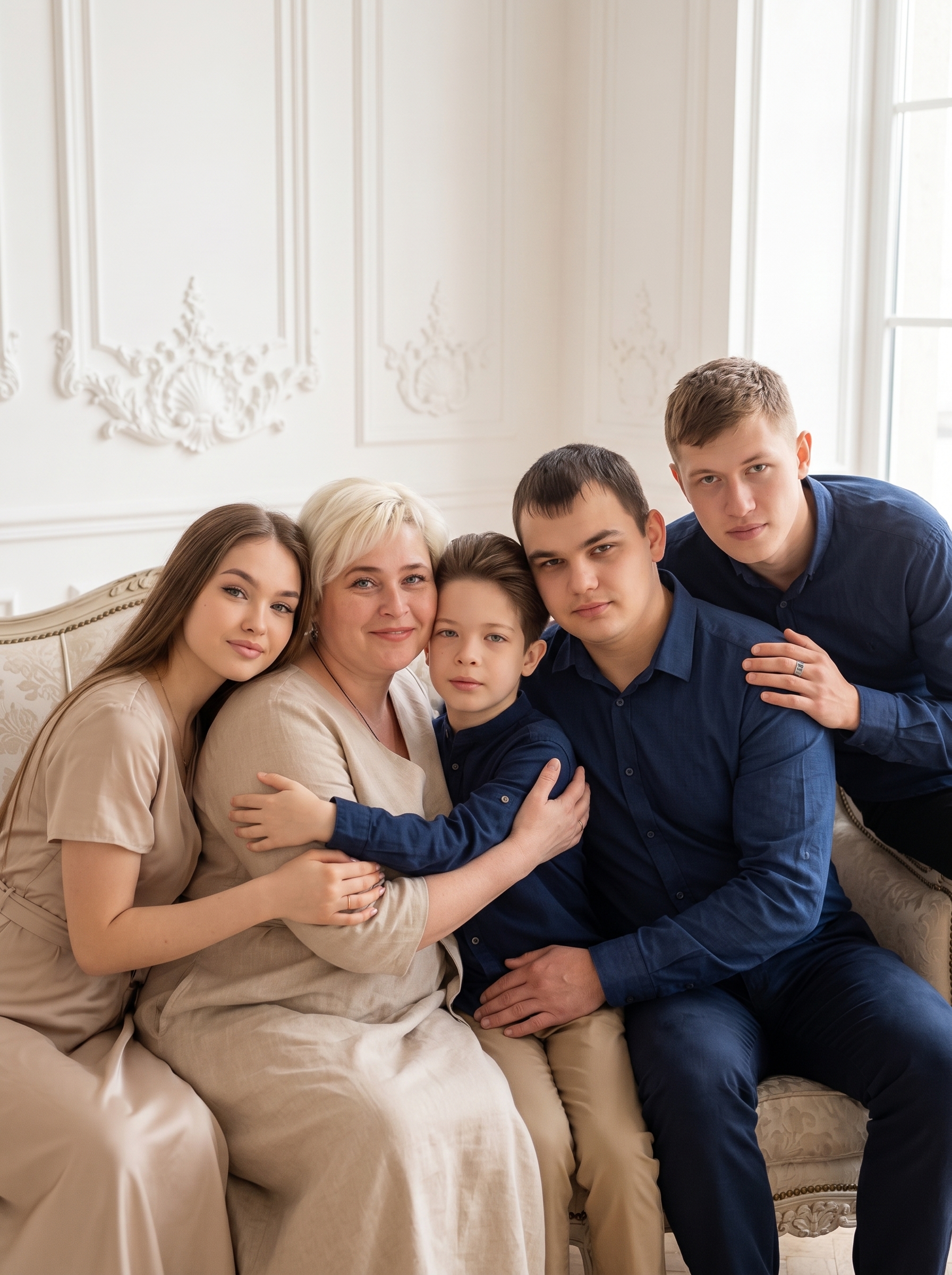 Семейный портрет на светлом диване во французской студии