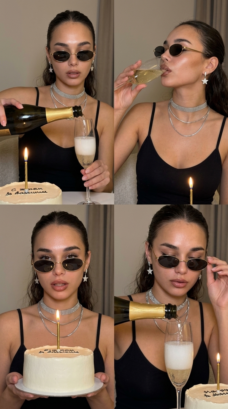 Коллаж с девушкой в узких очках на празднике