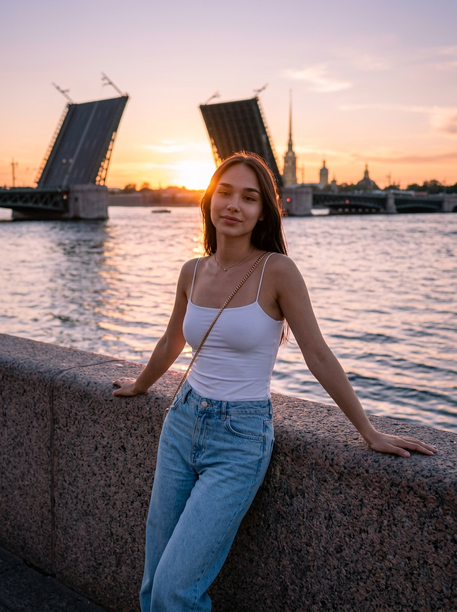 Девушка у Невы на фоне разведенного Дворцового моста