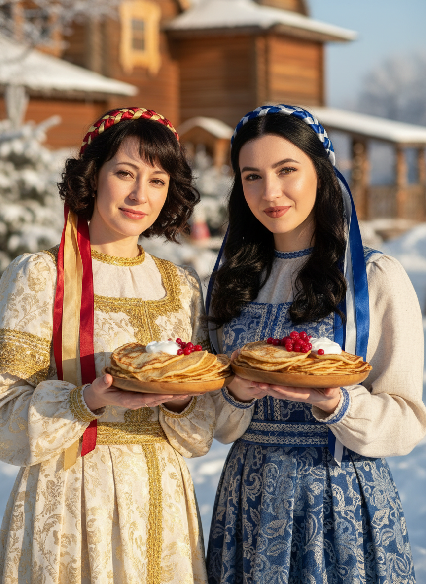 Мать и дочь с блинами на Масленицу в народных костюмах