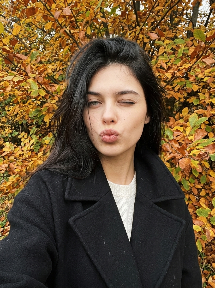 Подмигивающая девушка на фоне осенней листвы