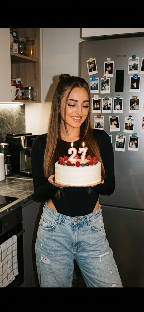 Девушка с тортом на 27-летие на домашней кухне