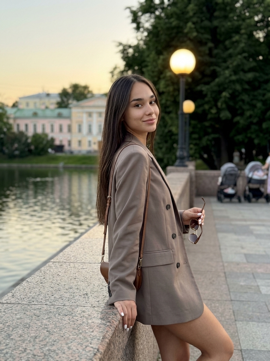 Девушка у гранитной набережной в московском парке