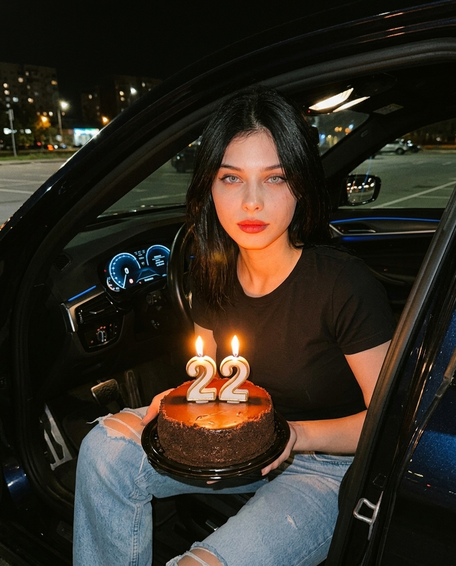 Девушка в BMW с тортом и свечами 22 ночью Девушка в BMW с тортом и свечами 22 ночью