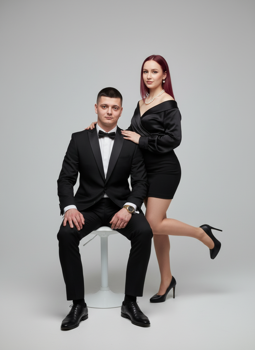 Игривая фотосессия пары: девушка с ногой на коленях парня