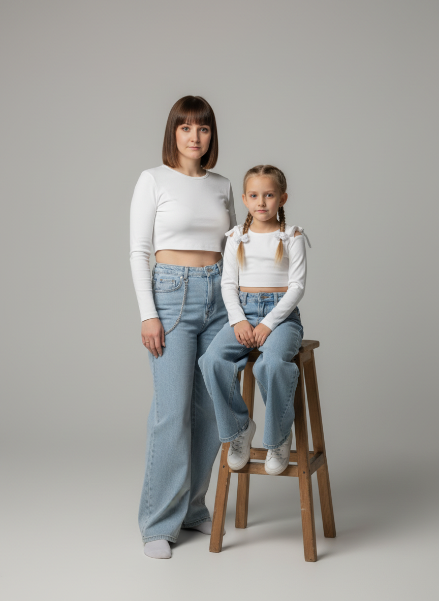 Портрет женщины и девочки на высоком деревянном стуле