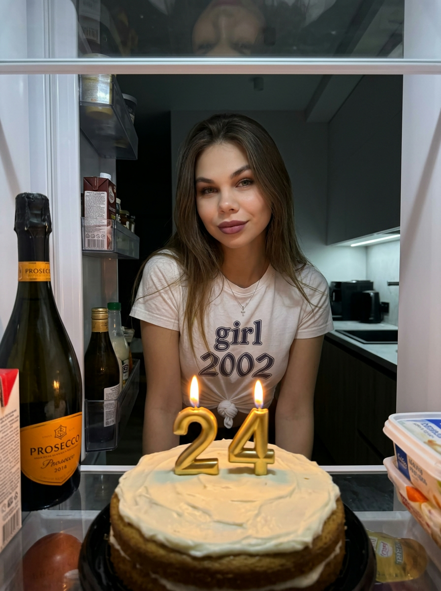 Девушка с тортом и свечами 24 внутри холодильника