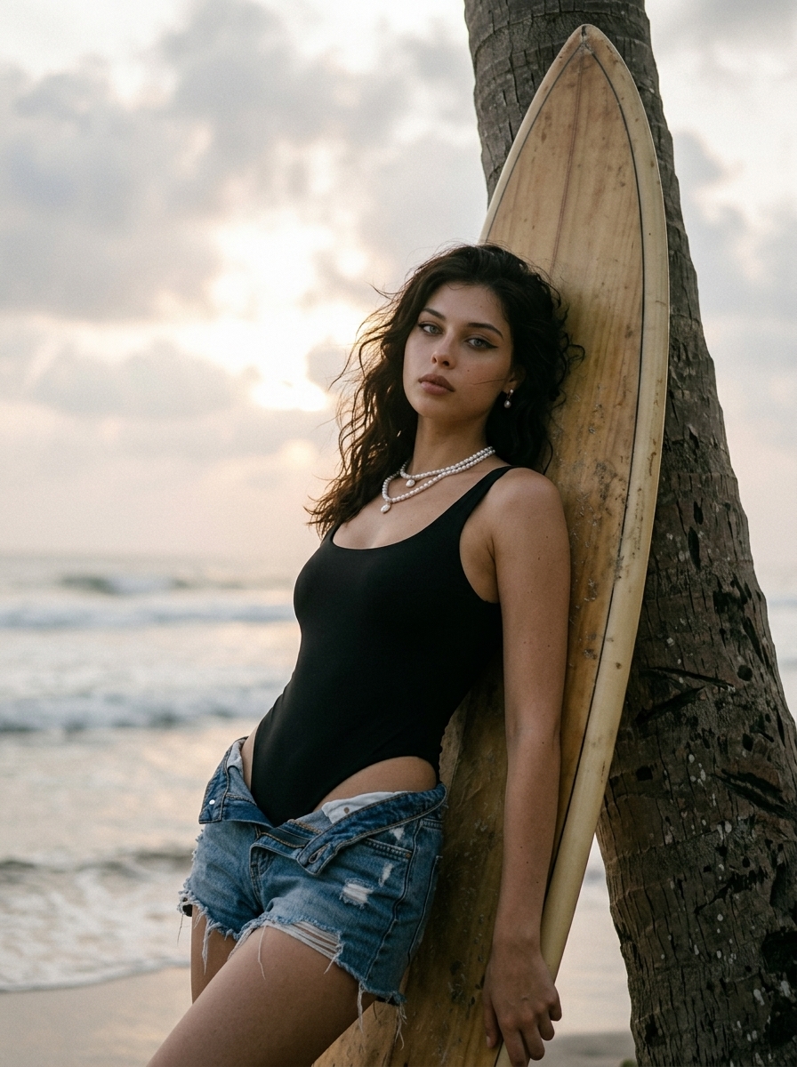 Девушка с доской для серфинга у пальмы на закате