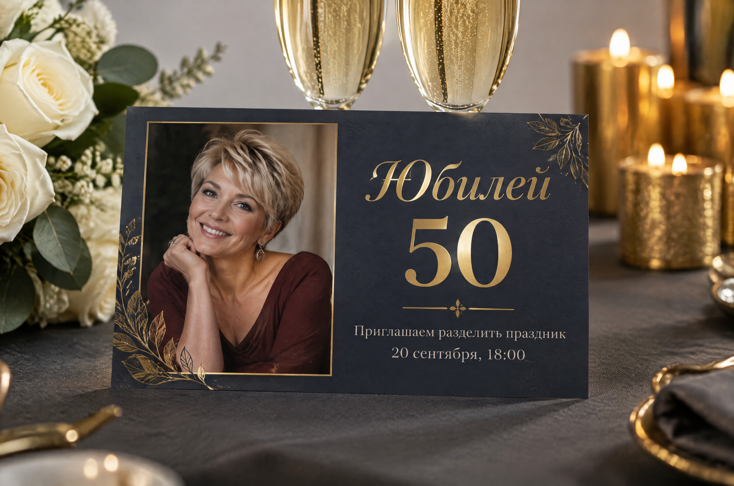 Тёмно-синее приглашение на юбилей с золотой надписью и фотографией женщины среди бокалов и свечей