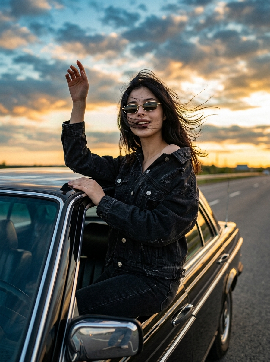 Девушка в окне классического авто в стиле road trip