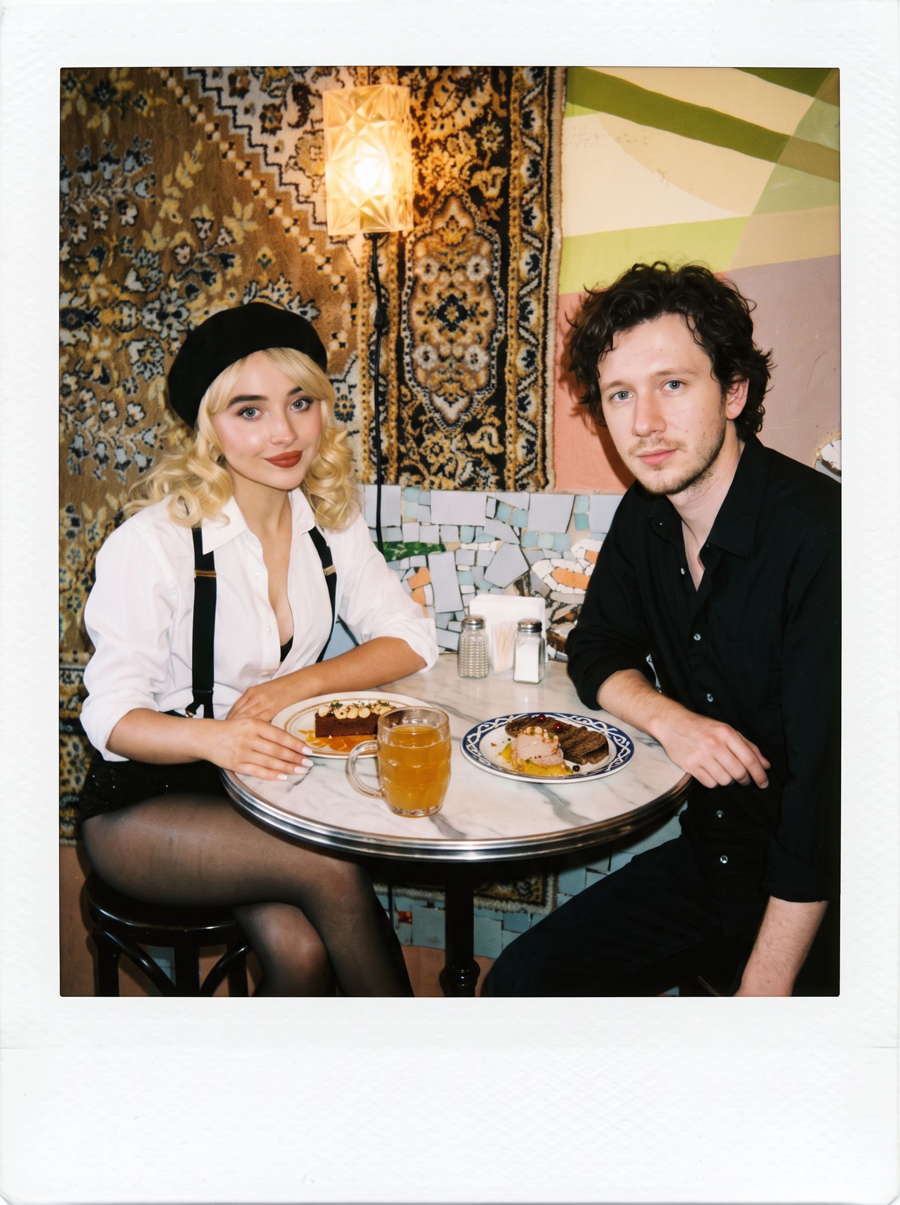 Пара за столом с десертом и сидром в стиле Polaroid Пара за столом с десертом и сидром в стиле Polaroid