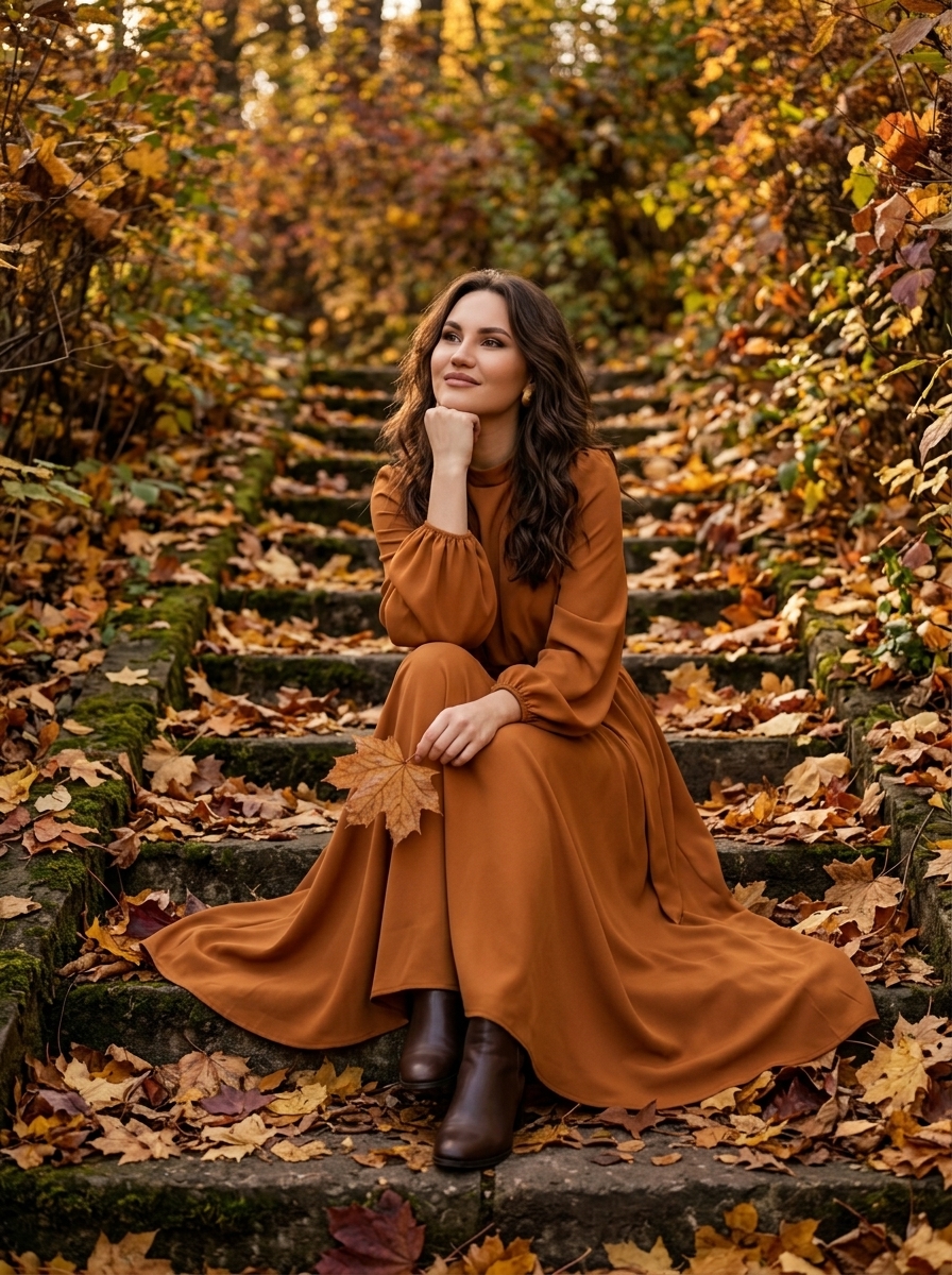 Осенний fashion-портрет женщины на старой каменной лестнице