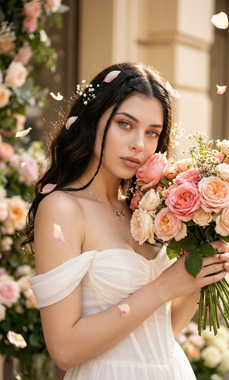 Beauty-портрет девушки с букетом у цветочного бутика