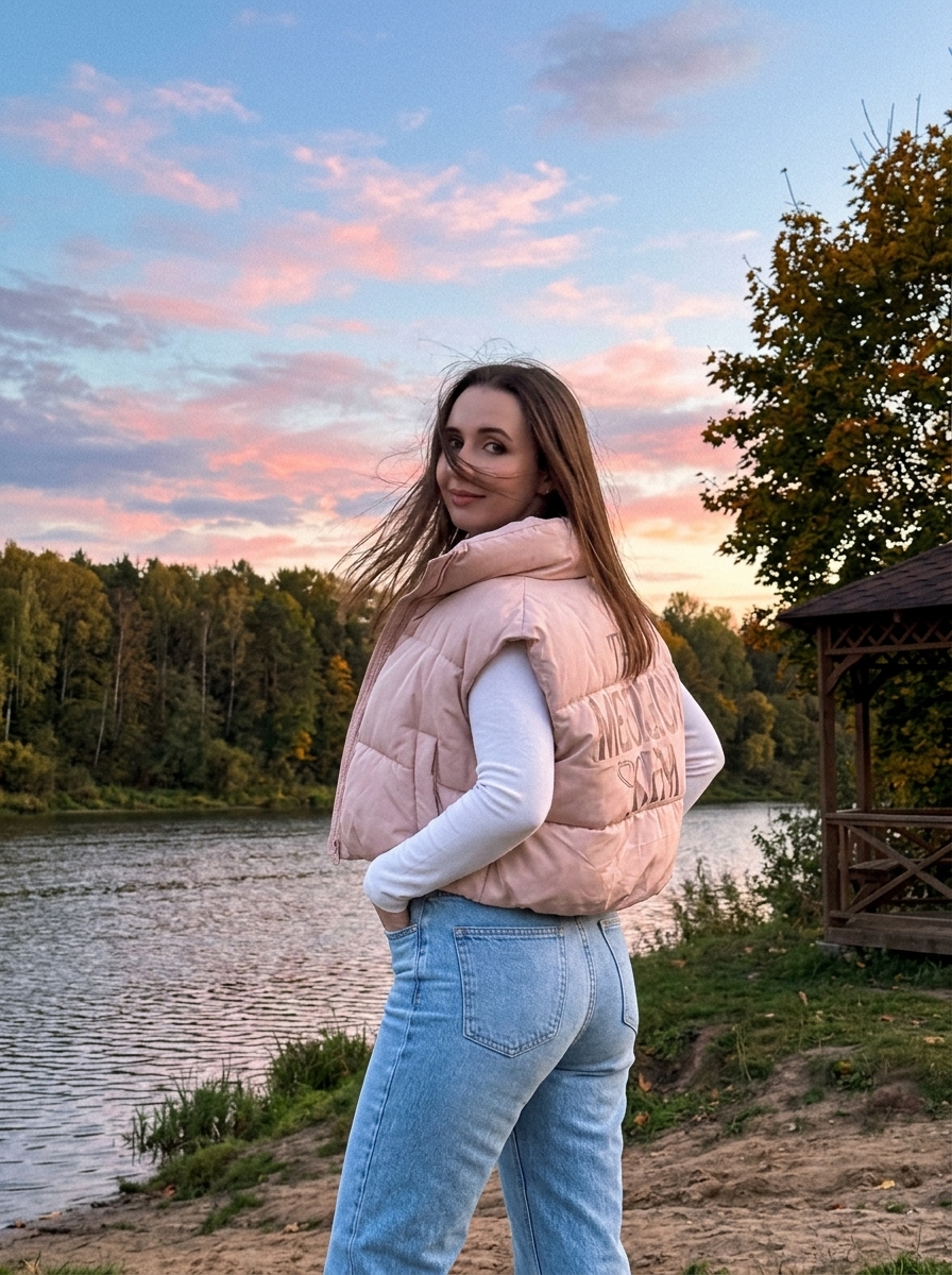 Девушка в джинсах на фоне розового заката Девушка в джинсах на фоне розового заката