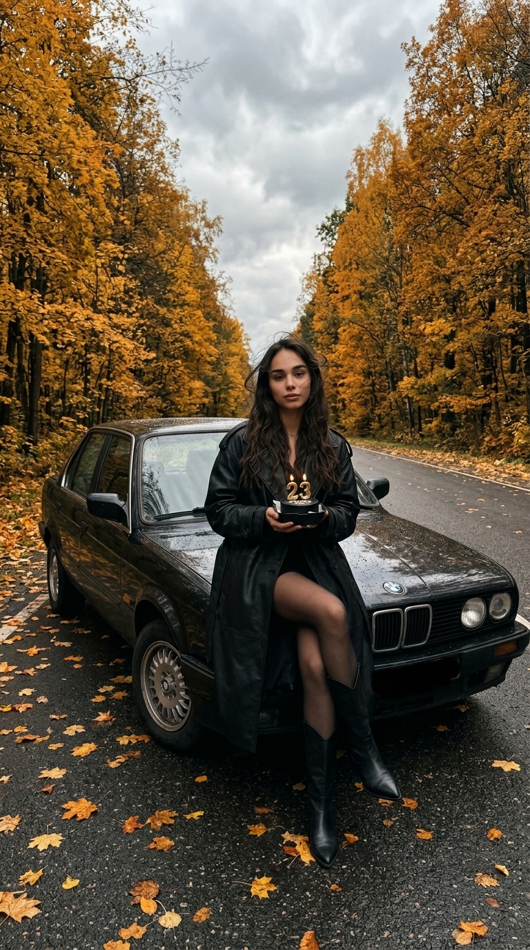 Девушка с тортом на винтажном авто в осеннем лесу