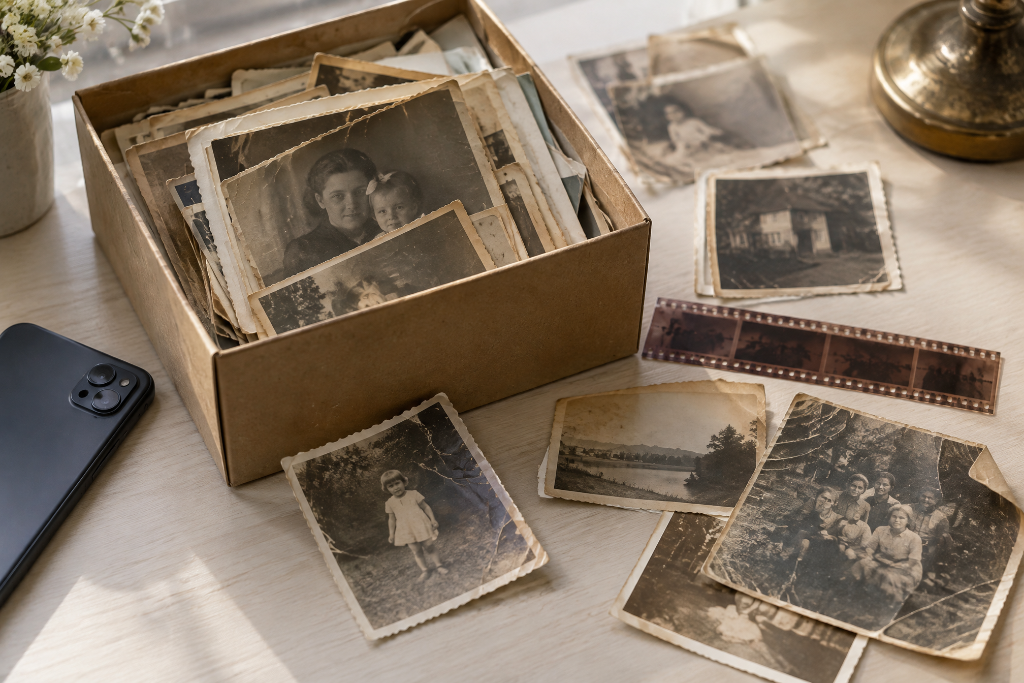 Коробка со старыми выцветшими фотографиями и плёночными негативами на столе у окна
