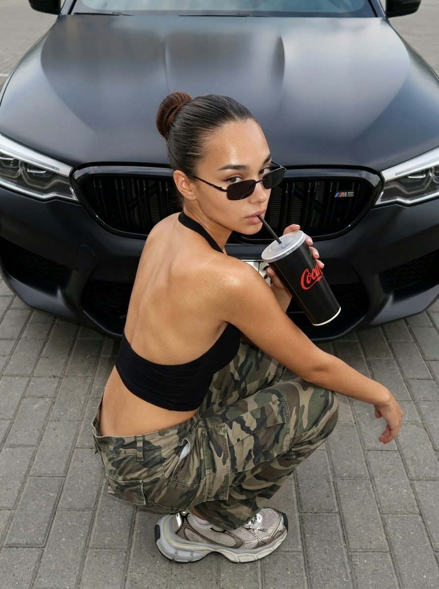 Девушка в солнцезащитных очках у матового BMW M5 Девушка в солнцезащитных очках у матового BMW M5