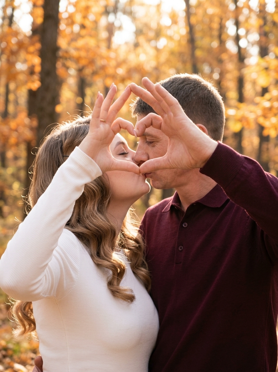Нежный поцелуй пары в осеннем лесу с сердцем из рук