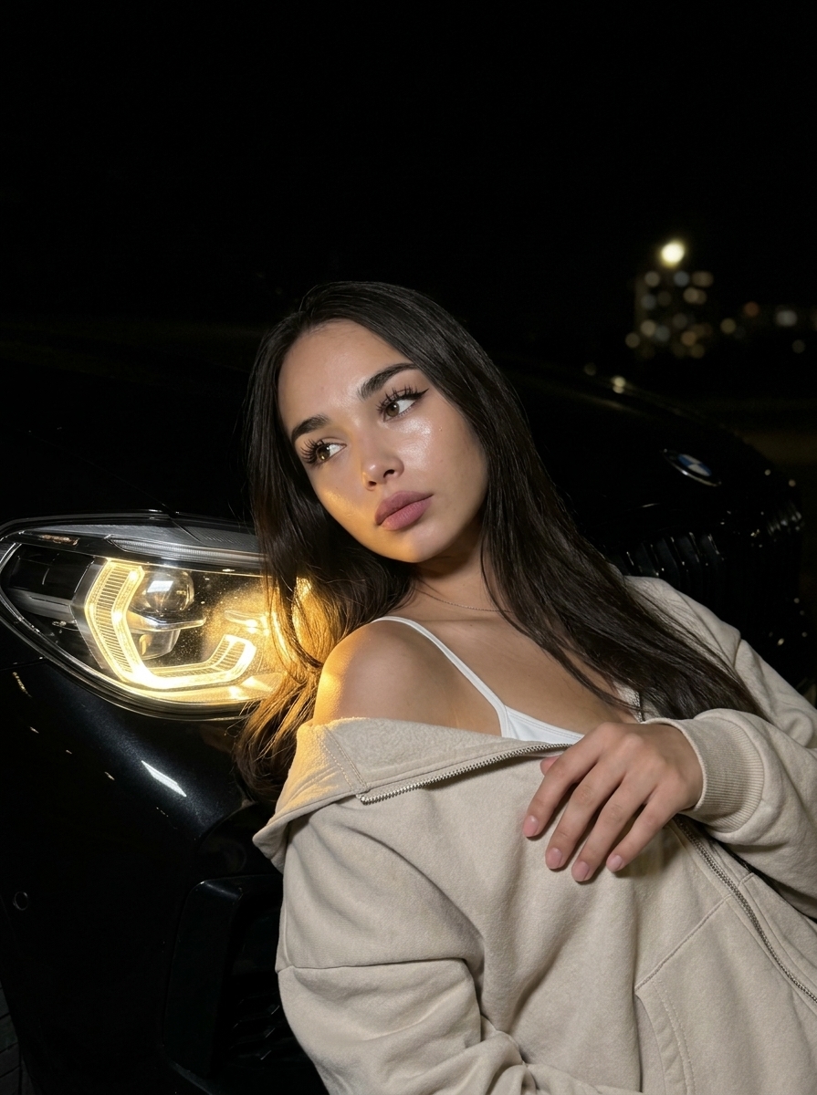Задумчивая девушка у капота чёрного BMW