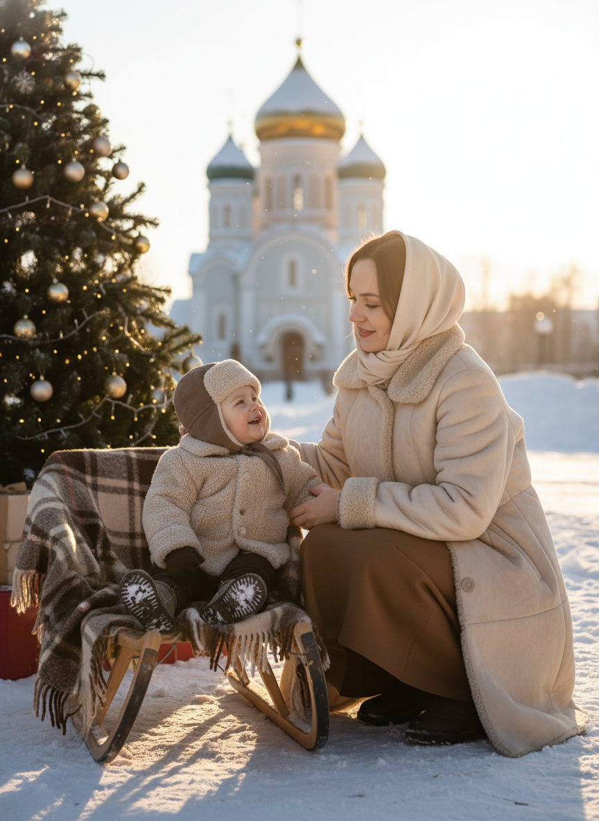 Мама с сыном на санках у православной церкви зимой