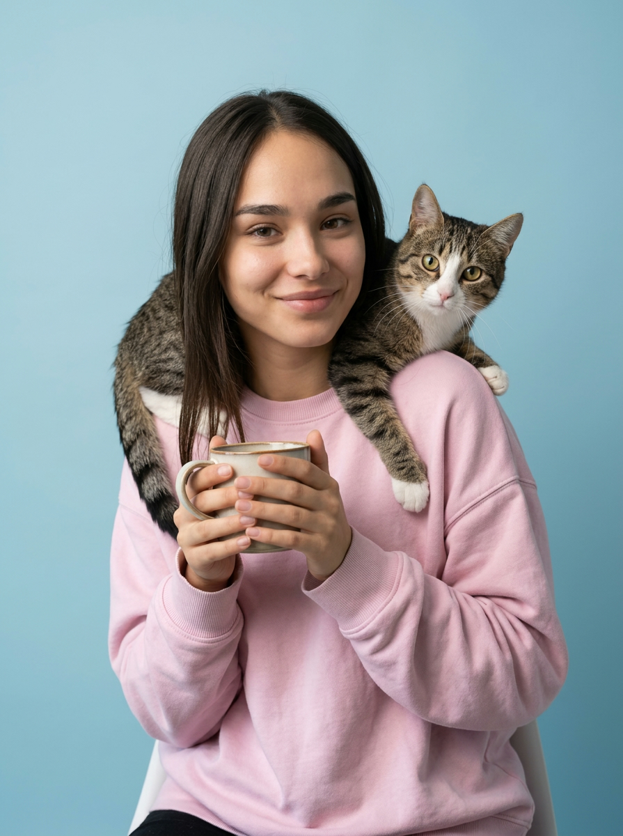 Девушка с кошкой на плече и чашкой кофе в студии