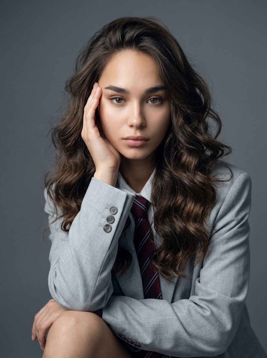 Студийный fashion-портрет девушки с рукой у лица Студийный fashion-портрет девушки с рукой у лица