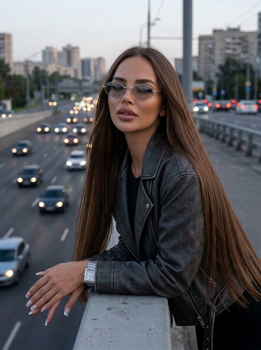 Девушка в кожаной куртке на мосту над дорогой