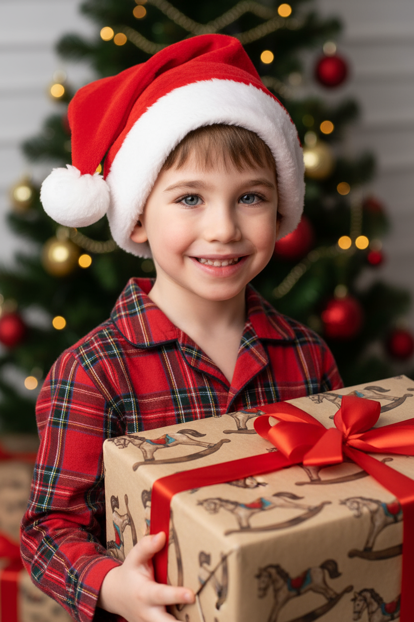 Новогодний портрет ребенка в красной пижаме