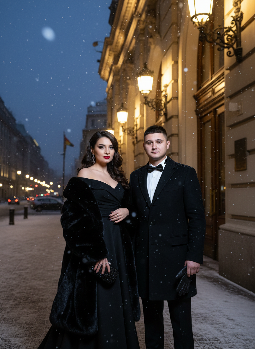 Элегантная пара у оперного театра зимним вечером