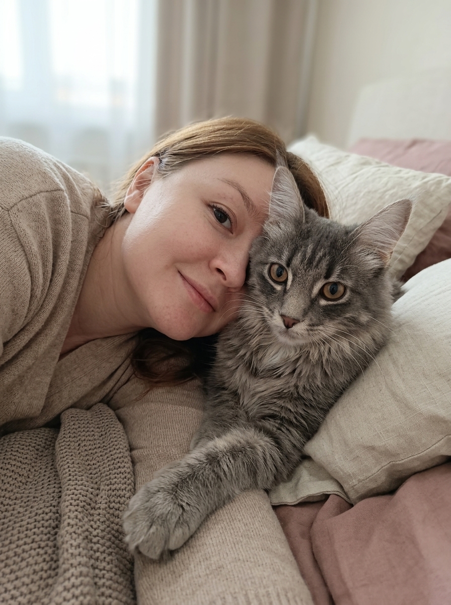 Уютное селфи женщины с котом на кровати Уютное селфи женщины с котом на кровати