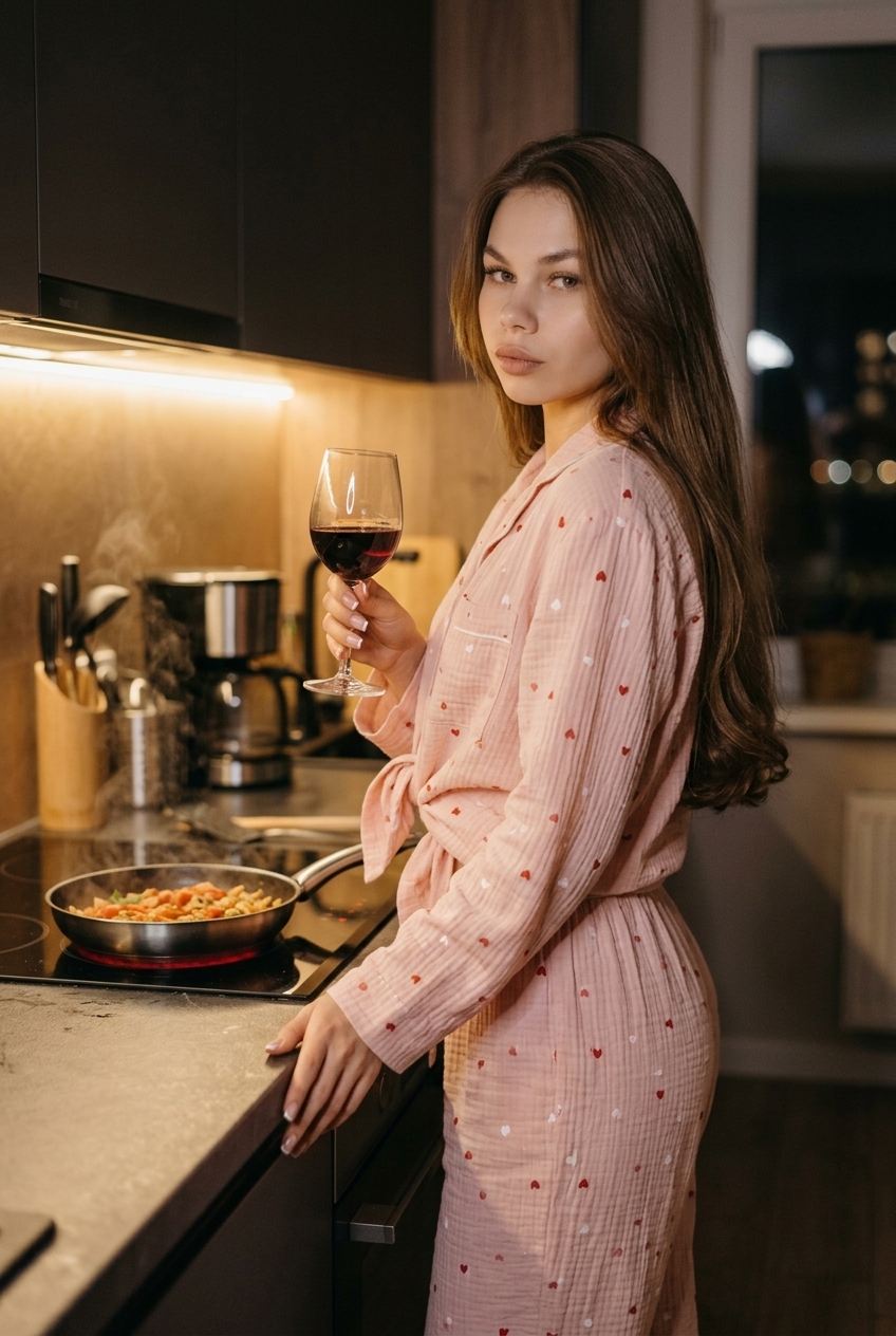 Девушка в розовой пижаме с сердечками дома