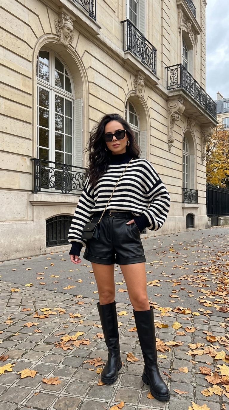 Осенний street style девушки в полосатом свитере Осенний street style девушки в полосатом свитере