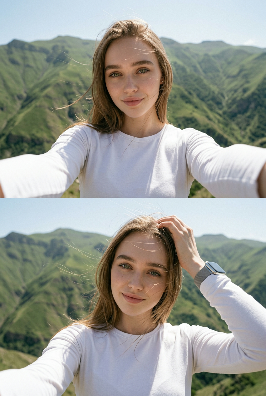Коллаж селфи девушки на фоне зеленых гор Дагестана